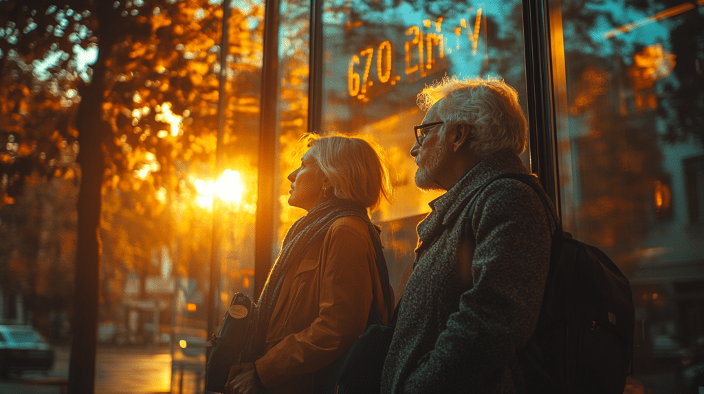 Old couple looking at the sunset as metaphor for Pension buyouts as a strategic option for banks and insurers